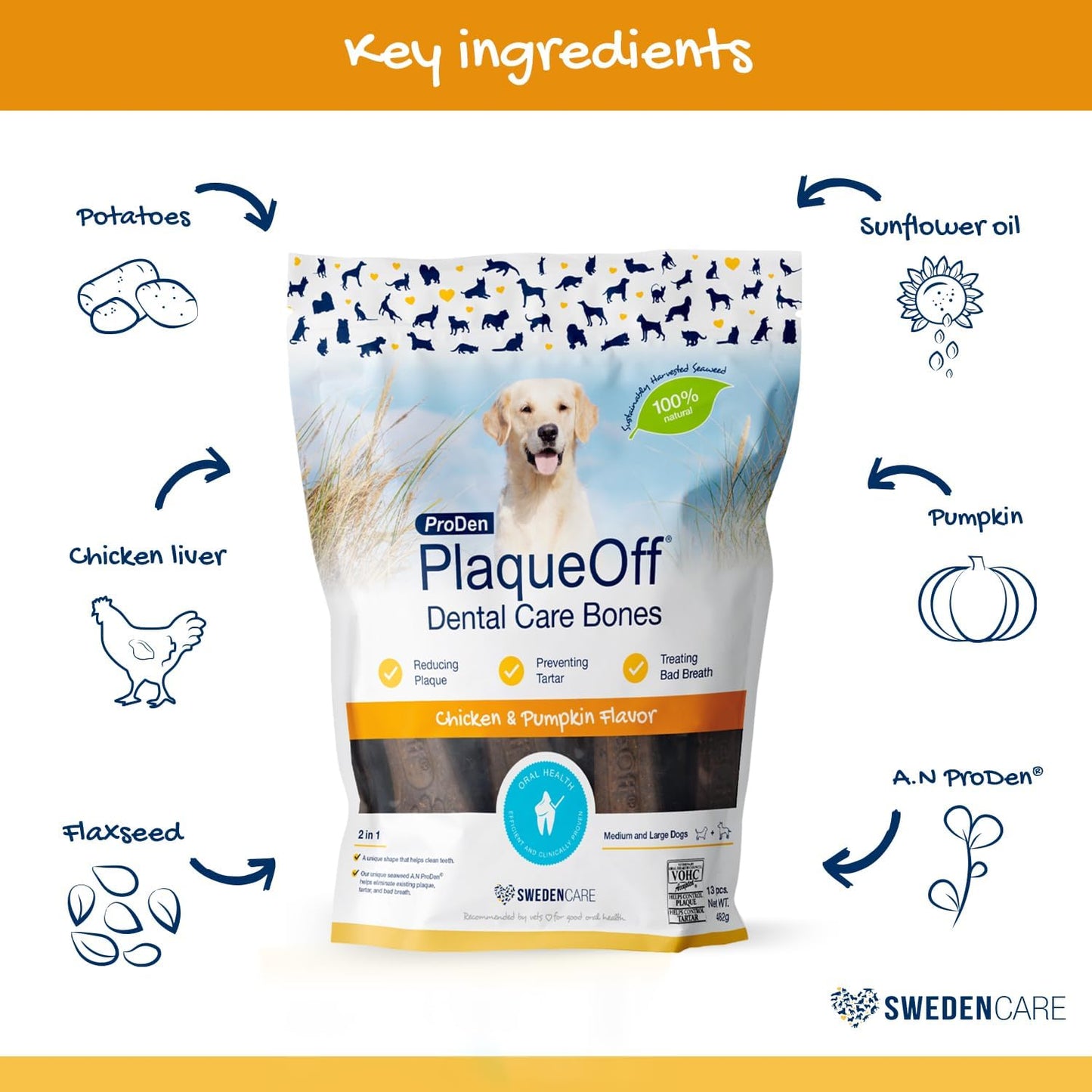 ProDen PlaqueOff Dental Care Bones – Chicken & Pumpkin Flavour 13s