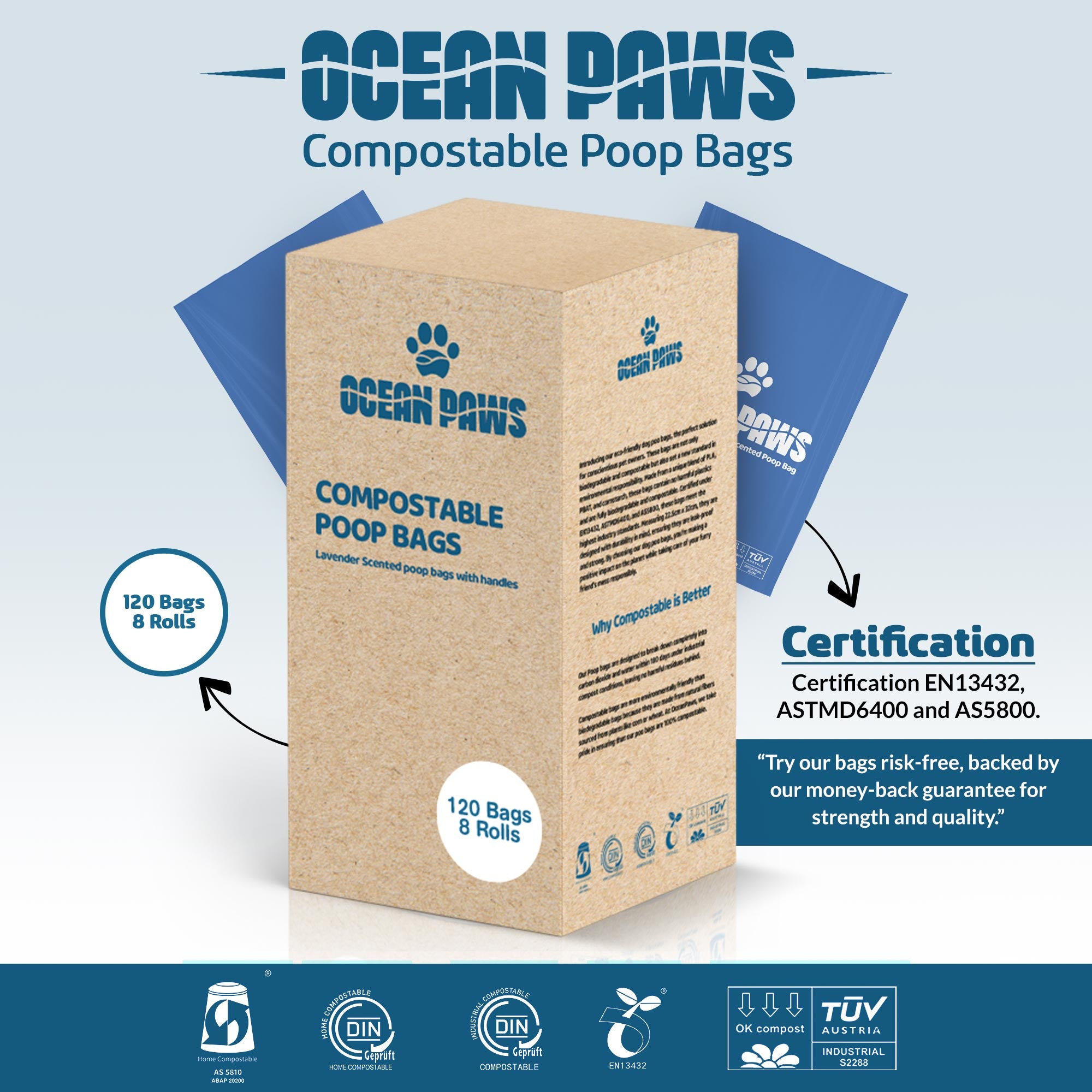 Compostable Dog Poo Bags 8 Rolls (120 bags)