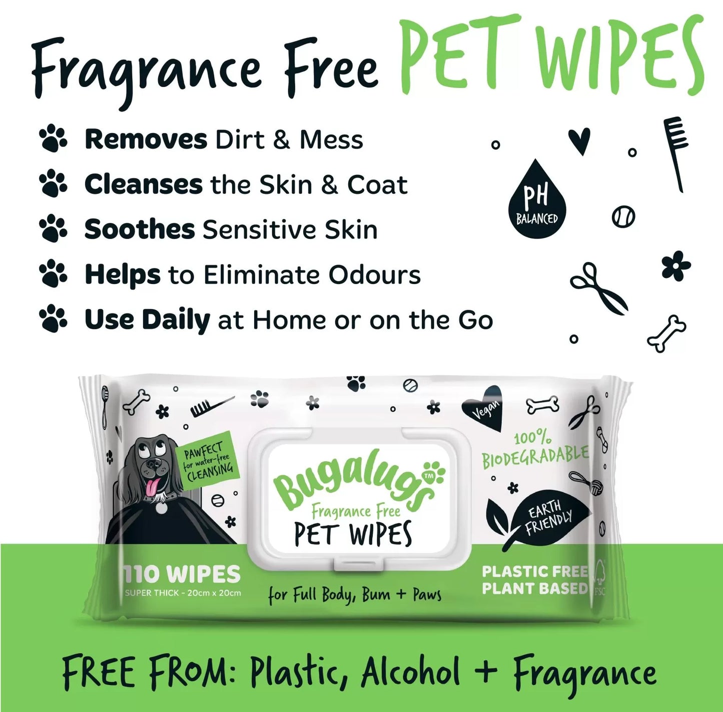 Bugalugs Biodegradable Fragrance Free Pet Wipes 50gsm