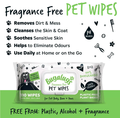 Bugalugs Biodegradable Fragrance Free Pet Wipes 50gsm